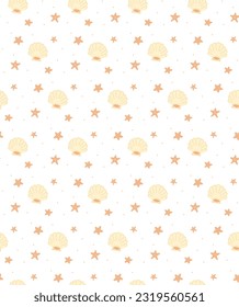 Marine seamless pattern with seashells and starfish. Vector cartoon background for nursery fabric, paper, decor, toys and clothes. Cute baby illustration in pastel colors.