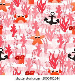 Marine seamless pattern with seaweeds anf underwater fauna in cartoon style with pink stripes, colourful wallpaper