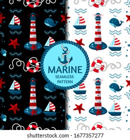 Marine seamless pattern. Set of 2 pieces. Bright and colorful, in a cartoon style. Vector, isolated. For textile and printing design.