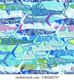 Marine seamless pattern. Sharks and other fish. For backgrounds, wallpapers, fabrics, wrapping paper, and more. Vector