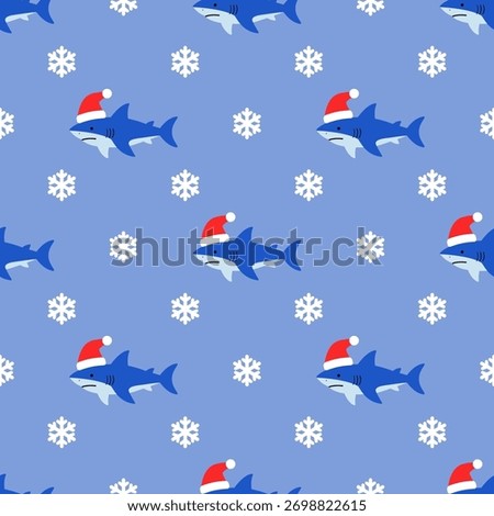 Marine Сhristmas seamless pattern with sharks, Santa claus hats and snowflakes. Design for textile and fabric, home decor elements, wrapping paper. Vector print
