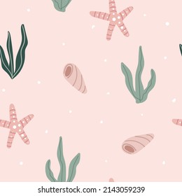 Marine seamless pattern with shell, algae, starfish in cartoon style on pink background for textile, print, wallpaper