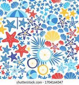 Marine seamless pattern with shell, sea star, sun umbrella, lemon and tropical leaves. Starfish tropical background vector illustration