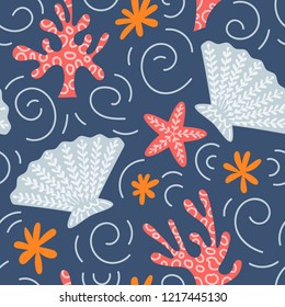 Marine seamless pattern, shell, starfish, corals. Vector