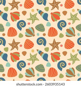 Marine seamless pattern. Shell, starfish. Cute vector illustration for packaging, wrapping paper, fabric, background, cover. Summer colorful pattern