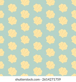 Marine seamless pattern with shells. Cute vector yellow scallops on a gentle green background in flat style in Asian theme.