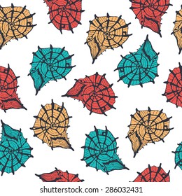 Marine seamless pattern with shells. Hand drawing.