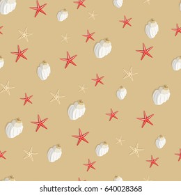 Marine seamless pattern. Shells and stars on sand beach. Vector background. Wrapping paper.