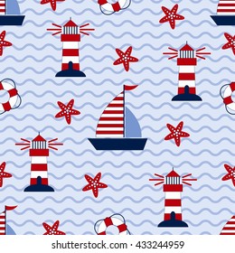 Marine seamless pattern with ship, starfish, lighthouse and lifebuoy. Sea and wave theme