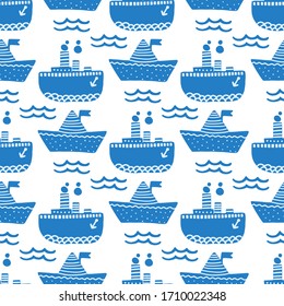 Marine seamless pattern with ship and steamer