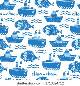 Marine seamless pattern with ship and steamer