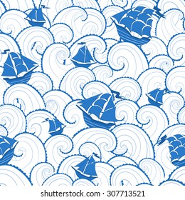 Marine seamless pattern. Ships and waves. Blue and white sea background. 