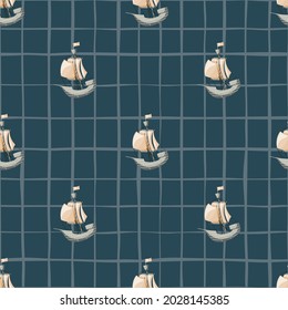 Marine seamless pattern with simple beige sailboat ship elements. Navy blue background with check. Designed for fabric design, textile print, wrapping, cover. Vector illustration.