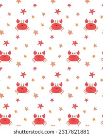 Marine seamless pattern with starfish and crabs. Vector cartoon background for nursery fabric, paper, decor, toys and clothes. Cute coloured baby illustration.