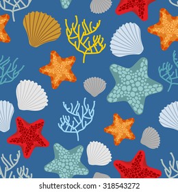 Marine seamless pattern. Starfish, scallop and corals. Clam shells and underwater polyps. Oceanic vector background. Vintage fabric ornament