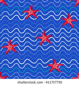  Marine seamless pattern with starfish, wavy horizontal stripes. Sea vector illustration for children's books, textile, fabric, gift paper. 