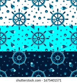 Marine seamless pattern with steering wheel. Vector isolated. There are three backgrounds at the bottom - dark blue, light blue, and white.  For textile and printing design.