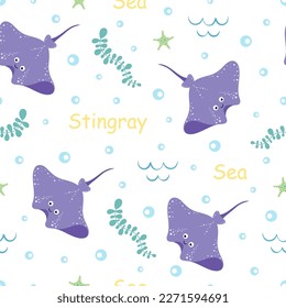 marine seamless pattern with stingray, algae, corals and starfish, flat style, cartoon vector illustration