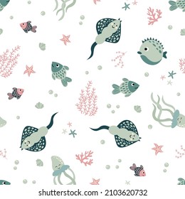 Marine seamless pattern. Stingray, Fish, algae, corals, starfish. Hand-drawn style. Design for decorating a nursery.	