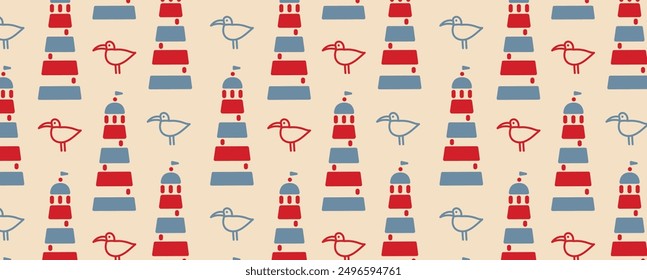 Marine seamless pattern with striped lighthouse and seagulls. Vector background with lighthouse of blue and red and seabirds. Textile print on fabric. For clothes, wallpaper, wrapping paper