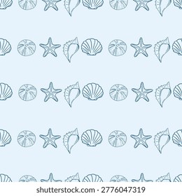 Marine seamless pattern with stripes of seashells and starfish on light blue background. Coastal summer vector wallpaper