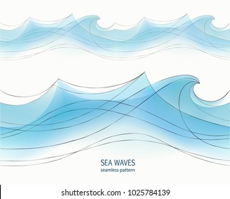 Marine seamless pattern with stylized blue waves on a light background. Water Wave abstract design. 