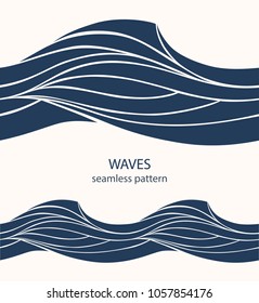 Marine seamless pattern with stylized blue waves on a light background. Water Wave abstract design. 