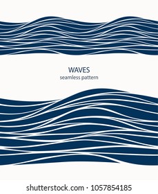 Marine seamless pattern with stylized blue waves on a light background. Water Wave abstract design. 