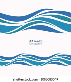 Marine seamless pattern with stylized blue waves on a light background. Water Wave abstract design. 