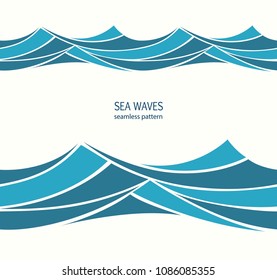 Marine seamless pattern with stylized blue waves on a light background. Water Wave abstract design. 