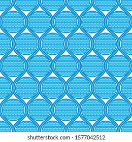 Marine seamless pattern with stylized blue waves on a light background. Blue waves in a circular portholes.