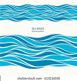 Marine seamless pattern with stylized blue waves on a light background. Water Wave abstract design. 