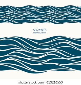 Marine seamless pattern with stylized blue waves on a light background. Water Wave abstract design. 