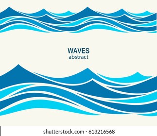 Marine seamless pattern with stylized blue waves on a light background. Water Wave abstract design. 