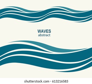 Marine seamless pattern with stylized blue waves on a light background. Water Wave abstract design. 