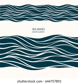 Marine seamless pattern with stylized blue waves on a light background. Water Wave abstract design. 