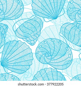 Marine seamless pattern with stylized seashells. Background made without clipping mask. Easy to use for backdrop, textile, wrapping paper.