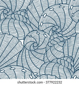 Marine seamless pattern with stylized seashells. Background made without clipping mask. Easy to use for backdrop, textile, wrapping paper.