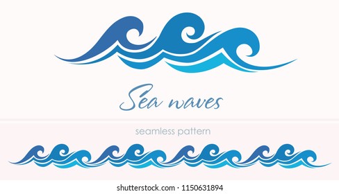 Marine seamless pattern with stylized waves on a light background. Blue water Sea Wave abstract vector background.