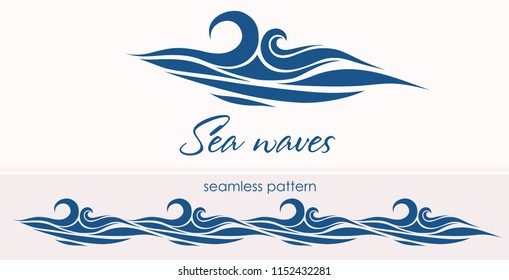 Marine seamless pattern with stylized waves on a light background. Blue water Sea Wave abstract vector background.