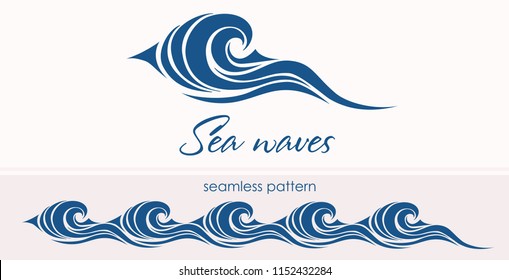 Marine seamless pattern with stylized waves on a light background. Blue water Sea Wave abstract vector background.