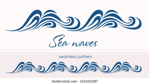 Marine seamless pattern with stylized waves on a light background. Blue water Sea Wave abstract vector background.