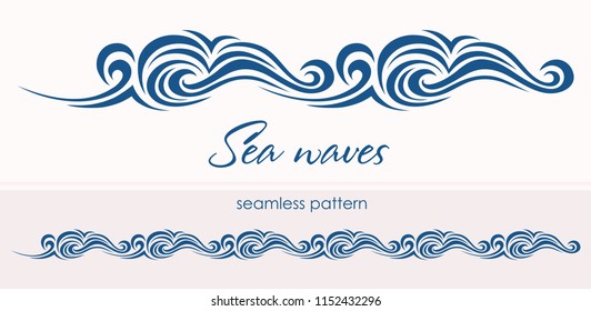 Marine seamless pattern with stylized waves on a light background. Blue water Sea Wave abstract vector background.