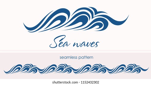 Marine seamless pattern with stylized waves on a light background. Blue water Sea Wave abstract vector background.