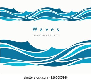 Marine seamless pattern with stylized waves on a light background. Blue water Sea Wave abstract vector background.