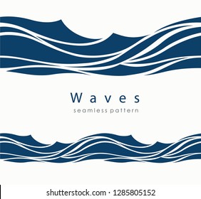 Marine seamless pattern with stylized waves on a light background. Blue water Sea Wave abstract vector background.