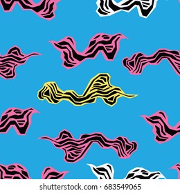 Marine seamless pattern with stylized waves on a blue background. Water Wave abstract design. Pink seaweed stylized. Azure sea