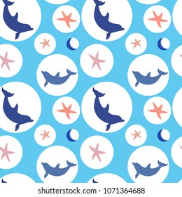 Marine  seamless pattern for summer vacation. Vector modern fashionable background.Sea travel. Dolphin and starfish in the sea playing with a ball.Dolphin.