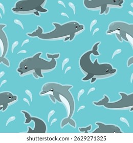 Marine seamless  pattern with swimming dolphins. Cartoon ocean characters with splashes of water. Grey and white colors on blue background. Vector design for textile. Endless wallpaper, cover.