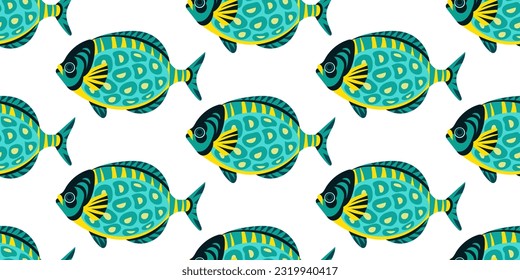 Patrón marino sin soldadura con peces tropicales para impresión de verano en ropa de playa